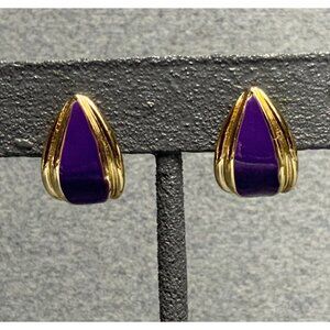 Curved Teardrop Pierced Earrings 0.75 In Gold Purple Retro Vintage Classic Glam